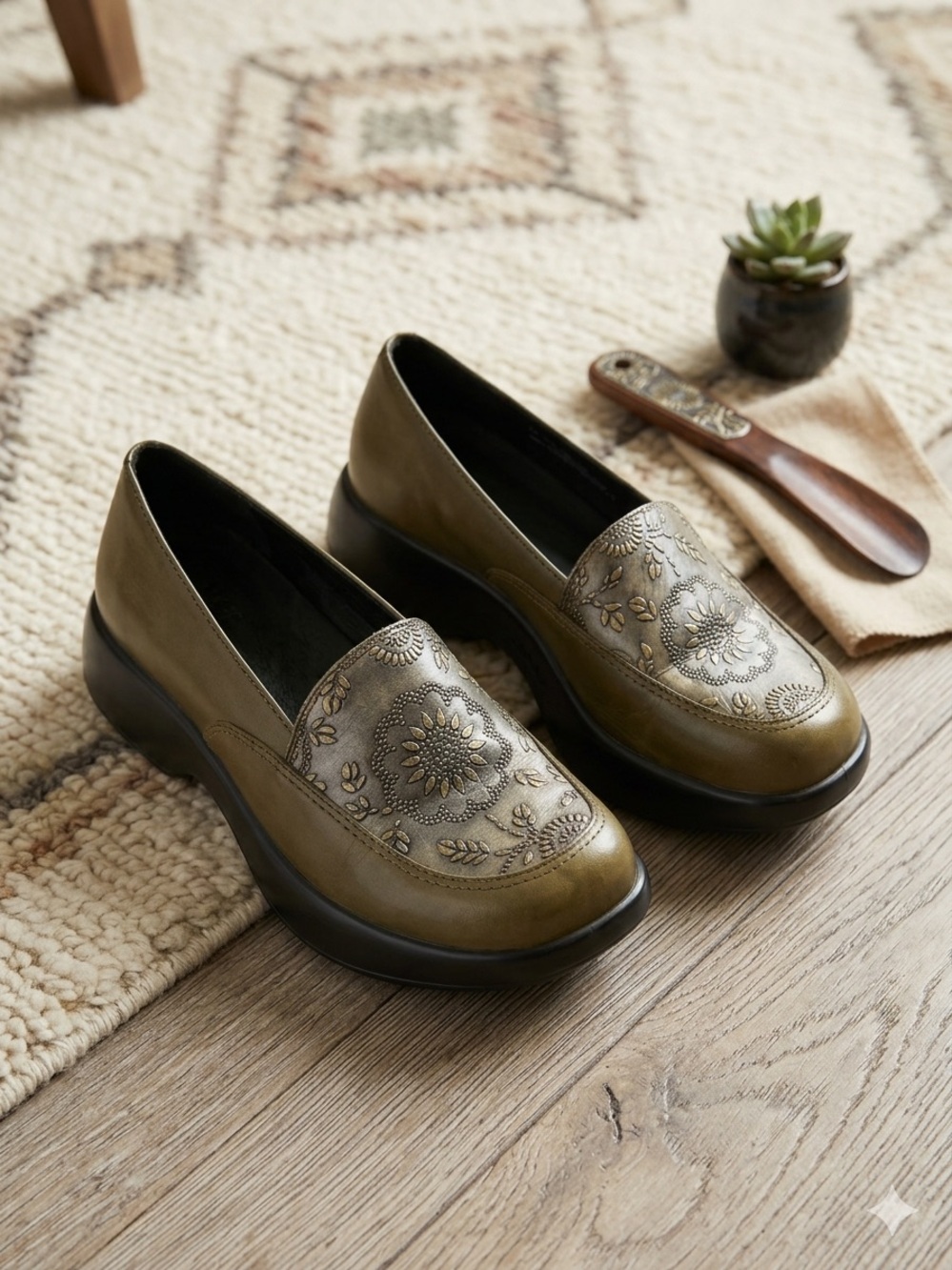 Dansko Olive Green Floral Embossed Slip-On Loafers